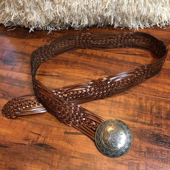 Vintage 90s L Large BoHo Hippy Cognac Brown Woven Faux Leather Filagree Buck…